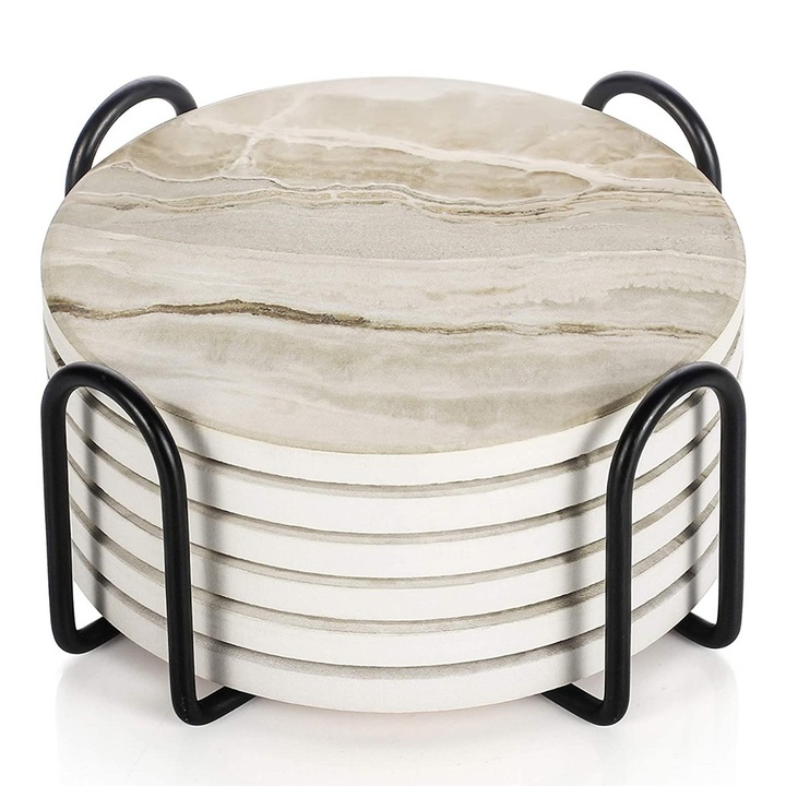 Pohártartó készlet fém tartóval, kerámia, fehér