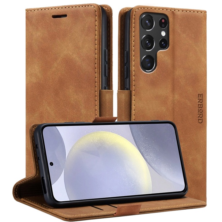 Etui pentru Samsung Galaxy S24 Ultra, portofel vintage ERBORD, brown, cu suport, din piele ecologica