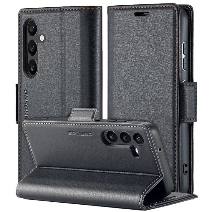 Etui pentru Samsung Galaxy A55, portofel cu clapa, negru, functie suport, din piele ecologica