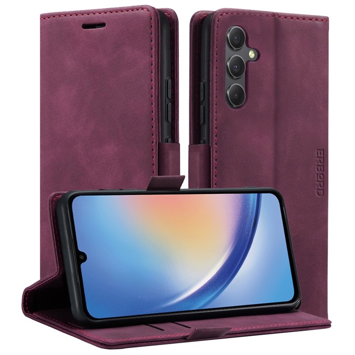 Etui pentru Samsung Galaxy A55, portfel cu clapa, rosu, functie suport, dimensiuni precise
