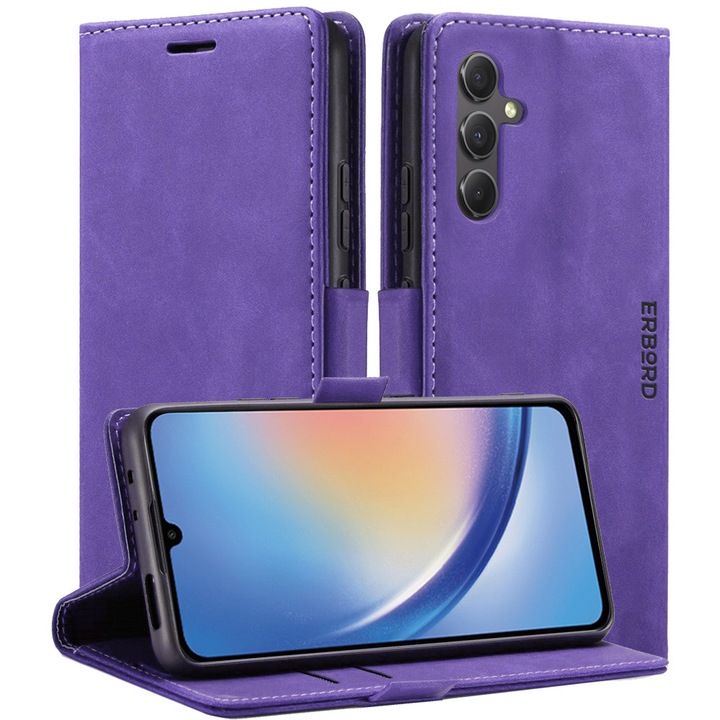 Husa telefon tip carte, Erbord, Compatibil cu Samsung Galaxy A35 5G, Piele ecologica, Buzunar card, Functie stand, Violet