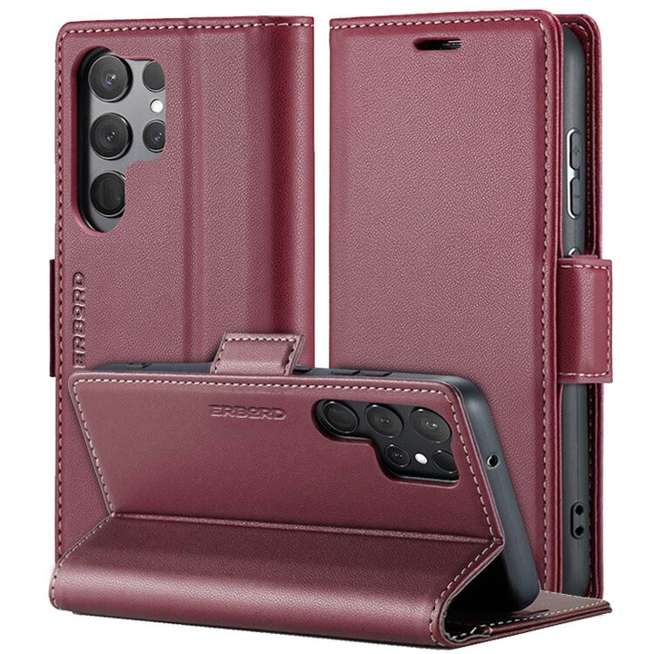 Carcasa telefon ERBORD Glossy Litchi pentru Samsung Galaxy S24 Ultra, cu suport card, rosu