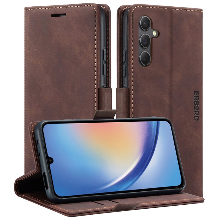 Etui portofel cu clapa pentru Samsung Galaxy A35 5G, ERBORD Vintage, captusit, cu suport, culoare cafenie