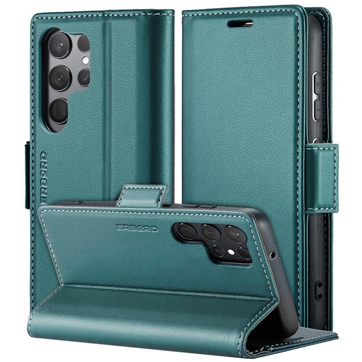 Etui pentru Samsung Galaxy S24 Ultra, portfel cu clapa, verde, 100% original, functie suport