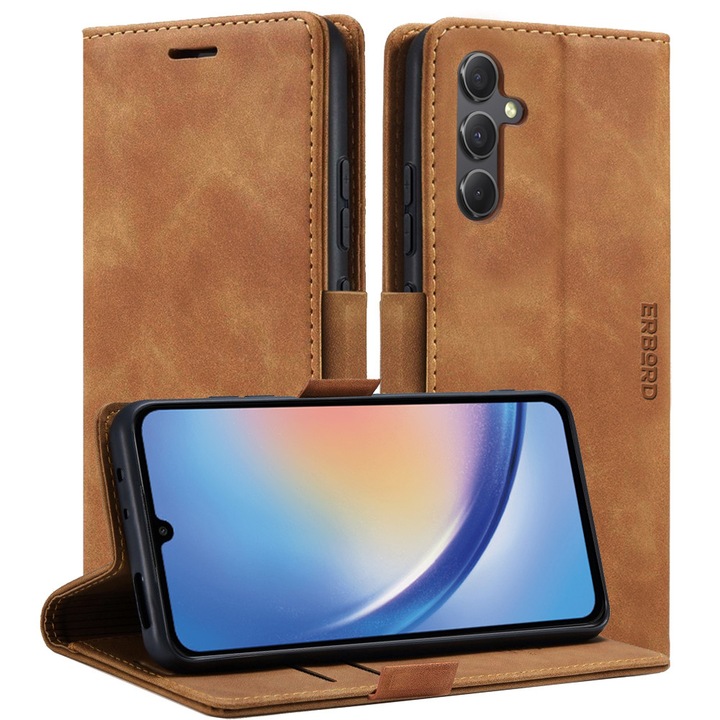 Etui portofel pentru Samsung Galaxy A35 5G, ERBORD Vintage, brown, cu suport, din piele ecologica