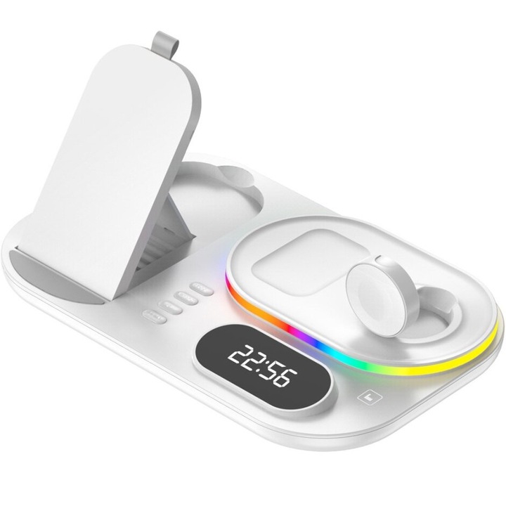 Incarcator wireless 4in1 XGSM cu lampa si ceas, alb, modular, pentru 3 dispozitive simultan