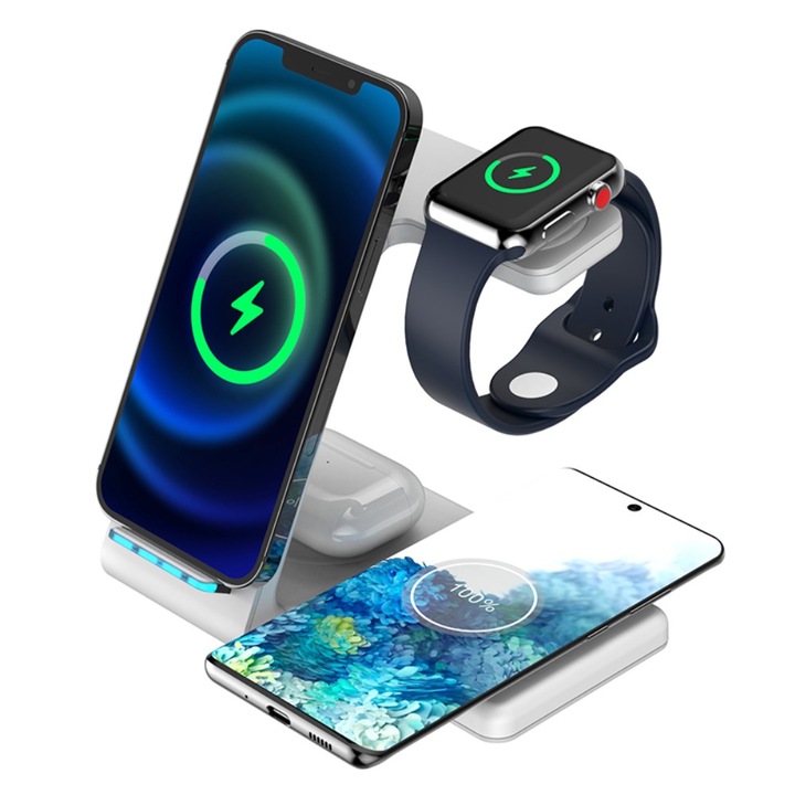 Incarcator inductiv wireless 4in1, XGSM, alb, modular, pentru 4 dispozitive simultan