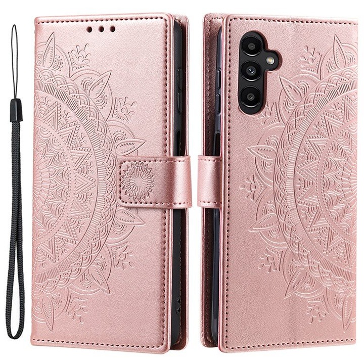 Etui pentru Samsung Galaxy A55 5G, XGSM, Mandala Flower, roz gold, cu functie stand, din piele sintetica