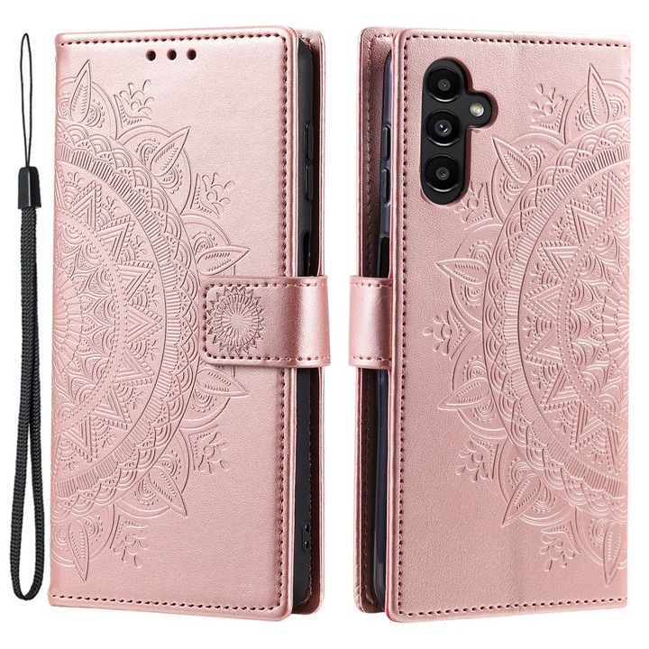 Etui cu clapa pentru Samsung Galaxy A15, Mandala Flower, roz rose gold, cu sticla 9H