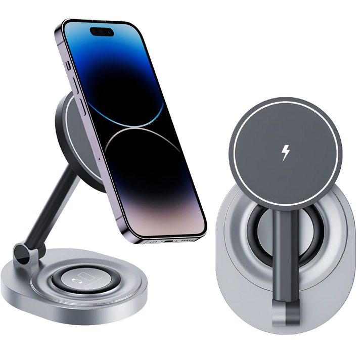 Incarcator wireless magnetic ERBORD 2in1 15W, negru, compact, pentru telefon si Apple Watch/AirPods
