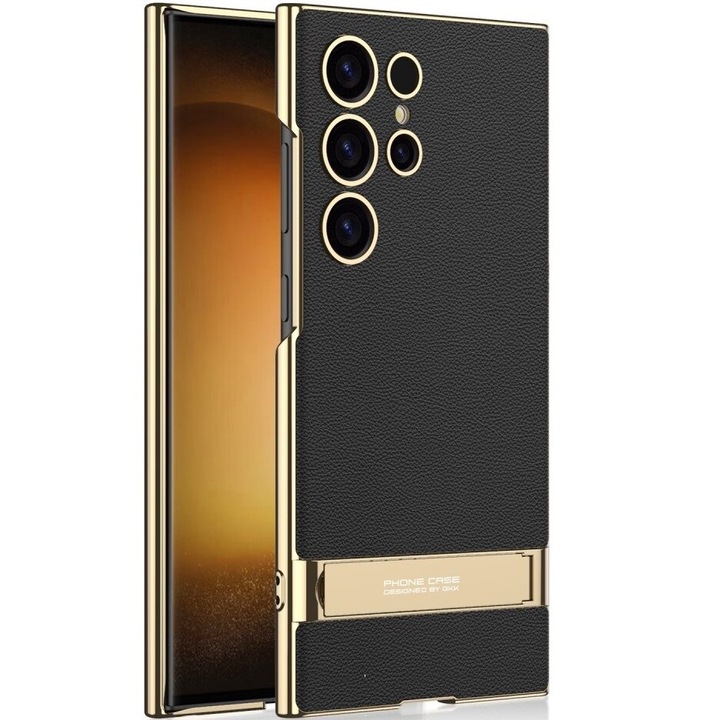 Husa cu suport pentru Samsung Galaxy S24 Ultra, GKK, Piele ecologica, Negru/Auriu