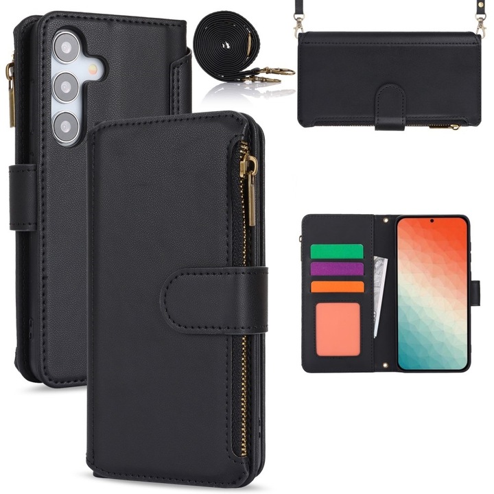 Etui z klapka pentru telefon, XGSM, cu functie de suport, tehnologie blocare RFID, negru, pentru Samsung Galaxy S24