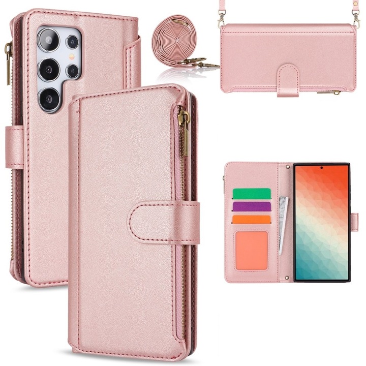 Etui z klapka pentru telefon, XGSM, roz rose gold, cu functie de suport, tehnologie blocare RFID, pentru Samsung Galaxy S24 Ultra