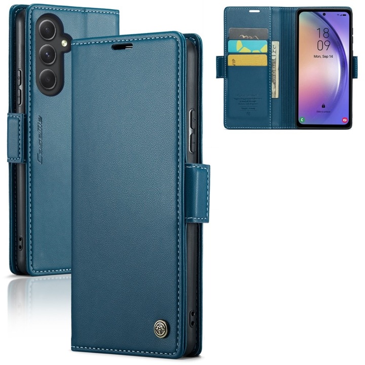 Husa telefon tip carte, Caseme, Compatibil cu Samsung Galaxy A54 5G, Litchi Wallet, Piele ecologica, RFID, Albastru inchis