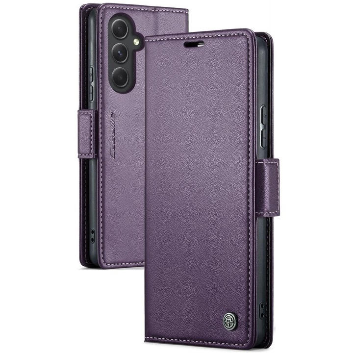 Husa tip carte Litchi Wallet, Caseme, Compatibil cu Samsung Galaxy A54 5G, Piele ecologica, Functie suport, Violet