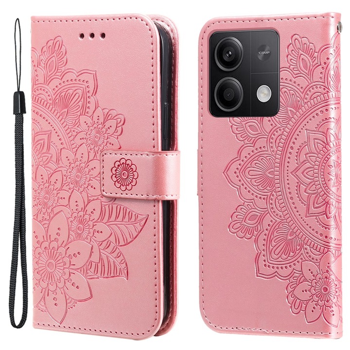 Husa telefon XGSM pentru Xiaomi Redmi Note 13 5G, Mandala, roz rose gold, cu functie stand, din piele sintetica