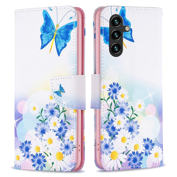 Husa telefon tip carte, XGSM, Compatibil cu Samsung Galaxy A35 5G, Model fluturi si flori, Piele ecologica, Functie suport, Alb/Albastru