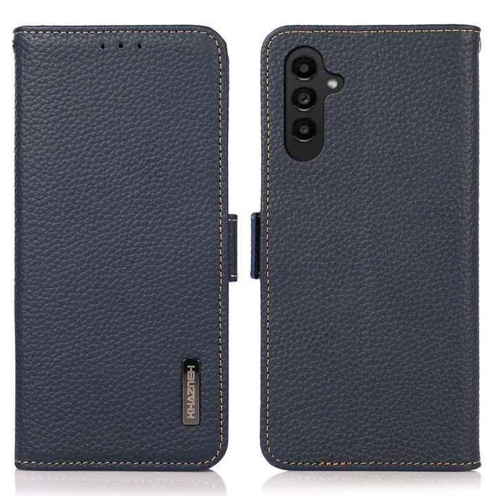 Husa din piele naturala KHAZNEH pentru Samsung Galaxy A35 5G, textura litchi, albastra, cu tehnologie RFID, functie stand