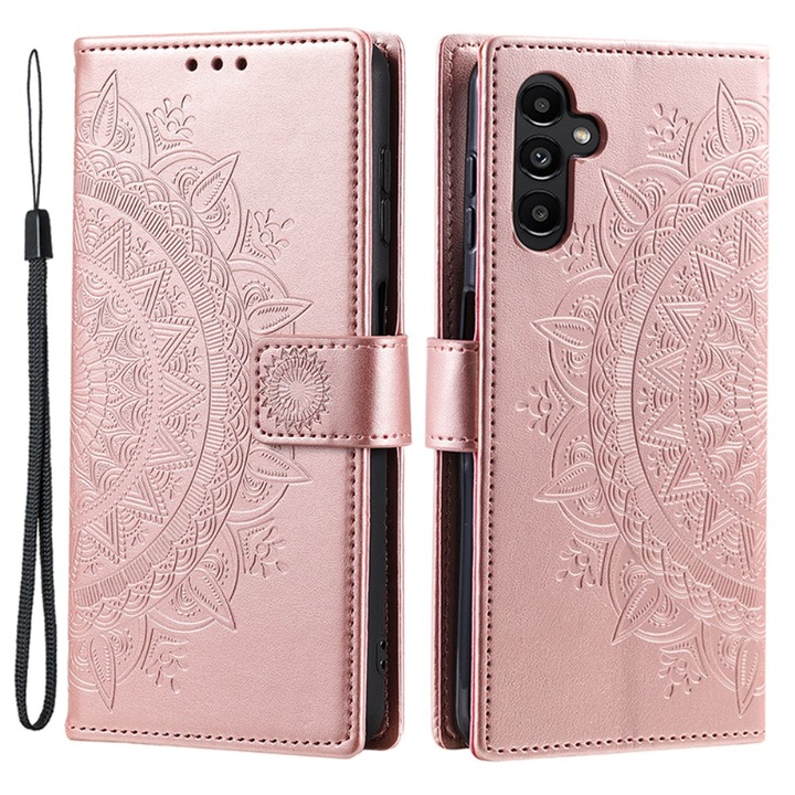 Etui pentru Samsung Galaxy A35 5G, Mandala, roz rose gold, piele sintetica, functie stand, set