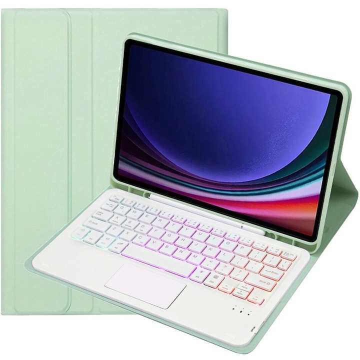 Калъф за таблет със светеща клавиатура, XGSM, Съвместим със Samsung Galaxy Tab A9+, Bluetooth, Тъчпад, Светлозелен
