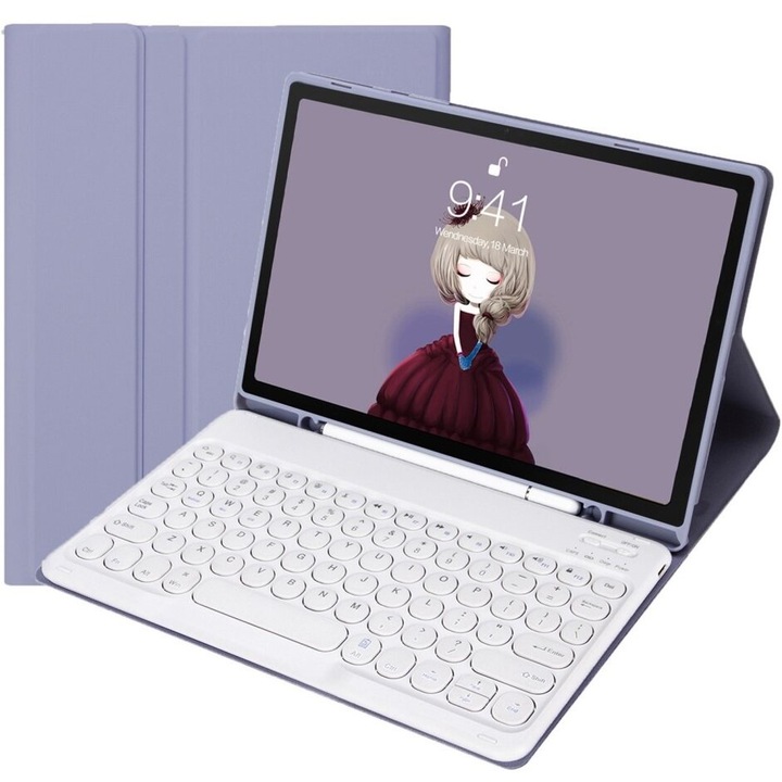 Husa tableta cu tastatura, XGSM, Compatibil cu Apple iPad 10.2 2021/2020/2019/Air 10.5 2019, Slot pentru stilou, Violet