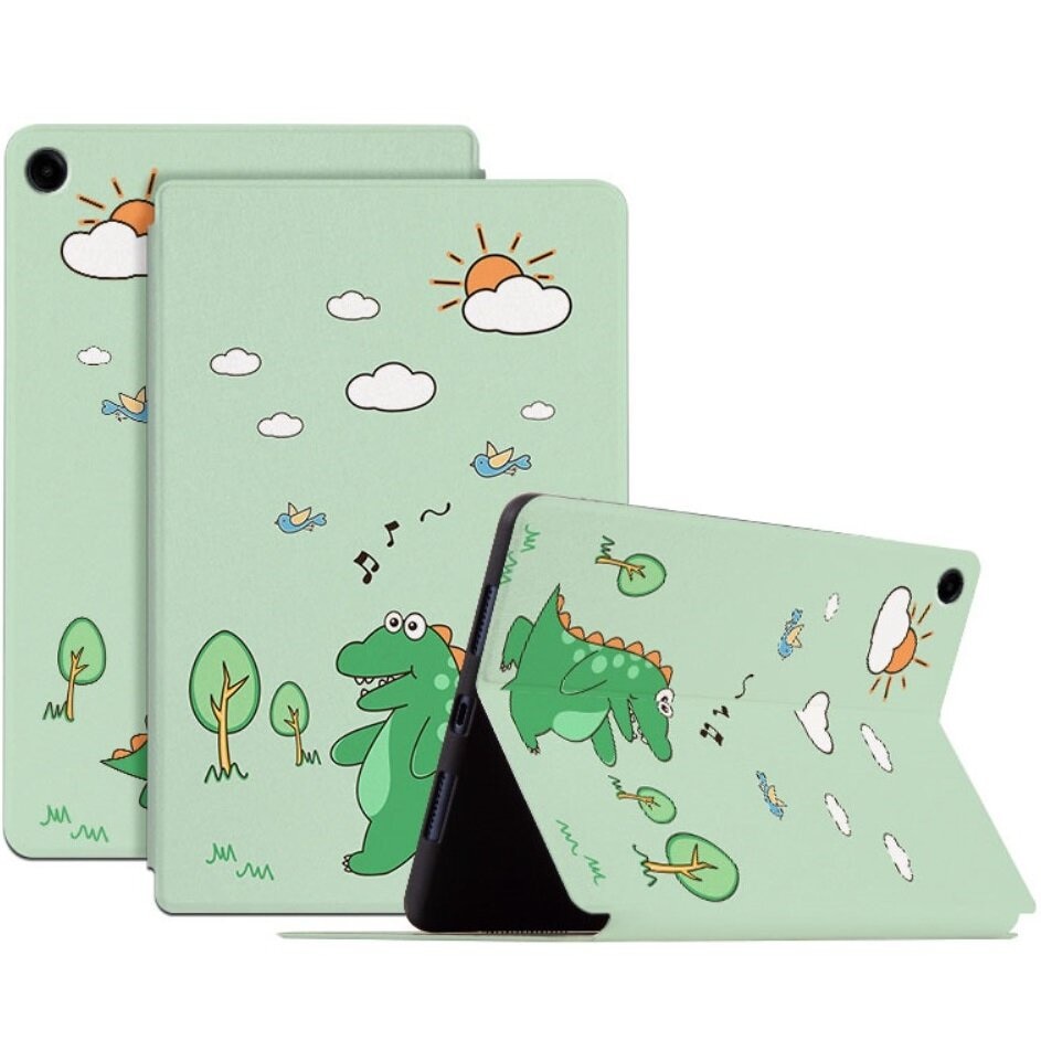 Husa tableta, XGSM, Design dinozauri, Compatibil cu Samsung Galaxy Tab A9+, Piele ecologica, Functie stand, Verde