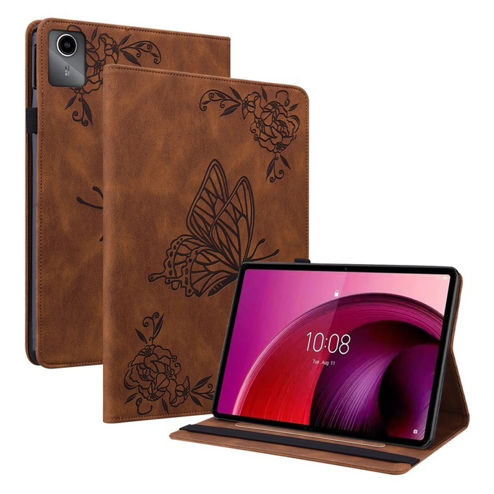 Husa Butterfly pentru Lenovo Tab M11, Erbord, Piele ecologica, Maro