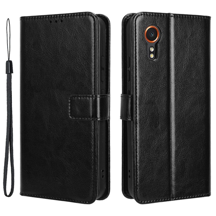 Etui pentru telefon, XGSM, Crazy Horse Wallet, ecologic, negru, pentru Samsung Galaxy Xcover 7