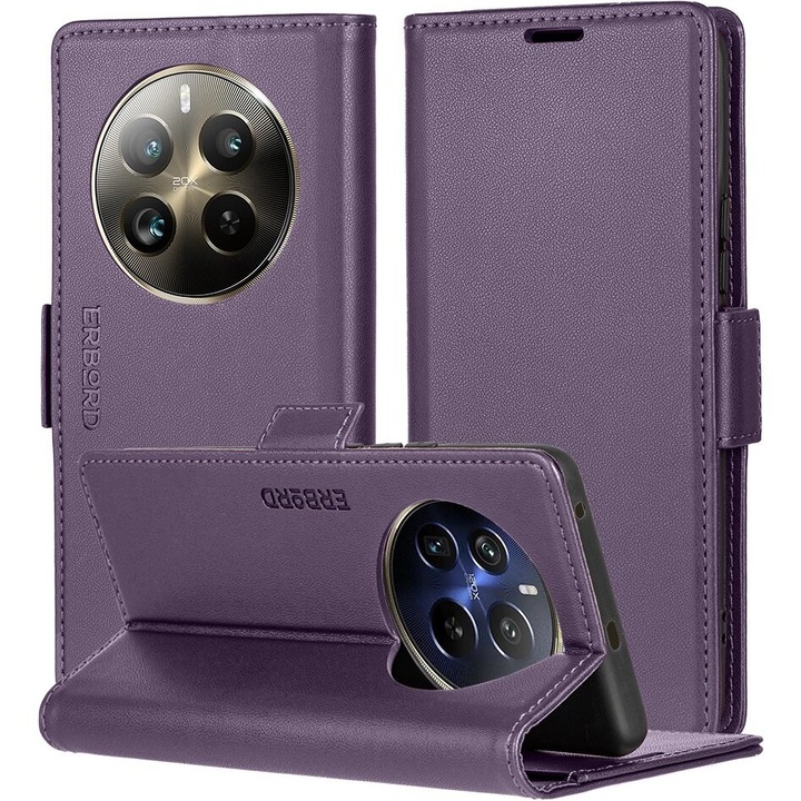 Etui portofel cu clapa pentru Realme 12 Pro 5G / 12 Pro+ 5G, fiolet, cu suport, din piele ecologica si plastic