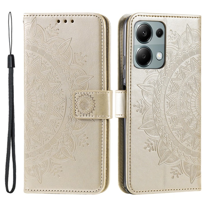 Etui pentru telefon XGSM pentru Xiaomi Redmi Note 13 Pro 4G, Mandala, sintetic, auriu, cu functie stand