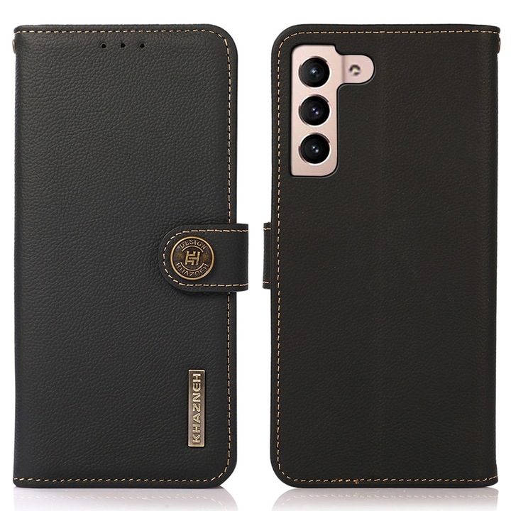 Husa din piele naturala KHAZNEH RFID pentru Samsung Galaxy A35 5G, textura litchi, cu suport si protectie carduri, piele, neagra