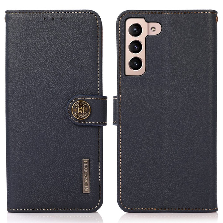 Husa din piele naturala KHAZNEH pentru Samsung Galaxy A35 5G, textura litchi, albastra, cu tehnologie RFID, functie stand