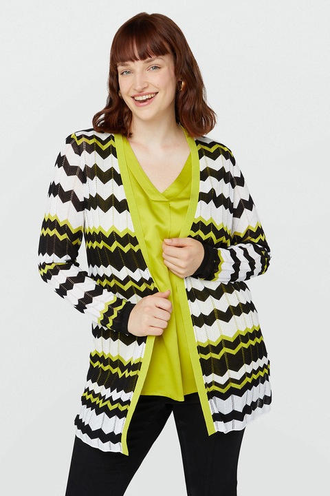 Fiorella Rubino, Cardigan cu model chevron, Alb/Negru/Verde fistic