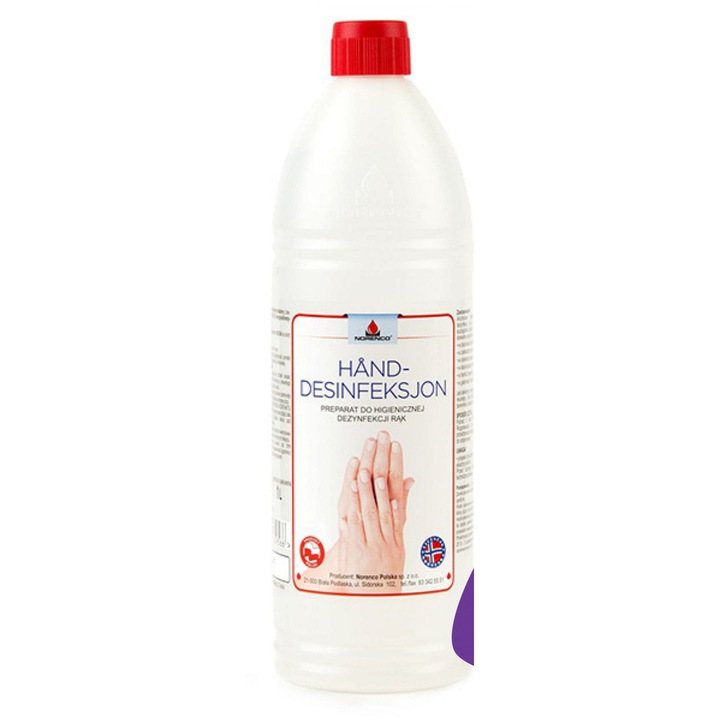 Solutie dezinfectanta pentru maini 1l, Norenco, fara miros, pH 6.5, lichid incolor