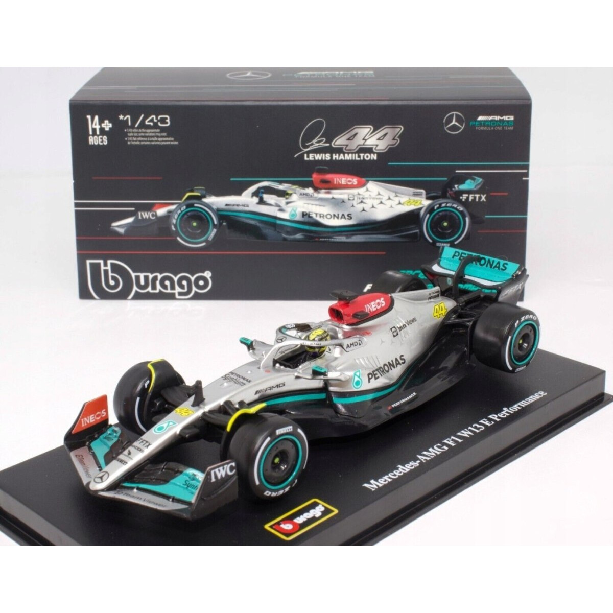 Автомобил BBurago, Mercedes AMG F1 W13 E Performance, Lewis Hamilton, 1/43, сребрист, 11x4x2.5cm