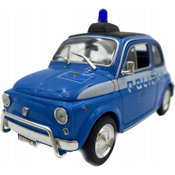 Rendőrautó, Welly, fém / műanyag / gumi, Fiat 500 Polizia modell, méretarány 1:24, kék