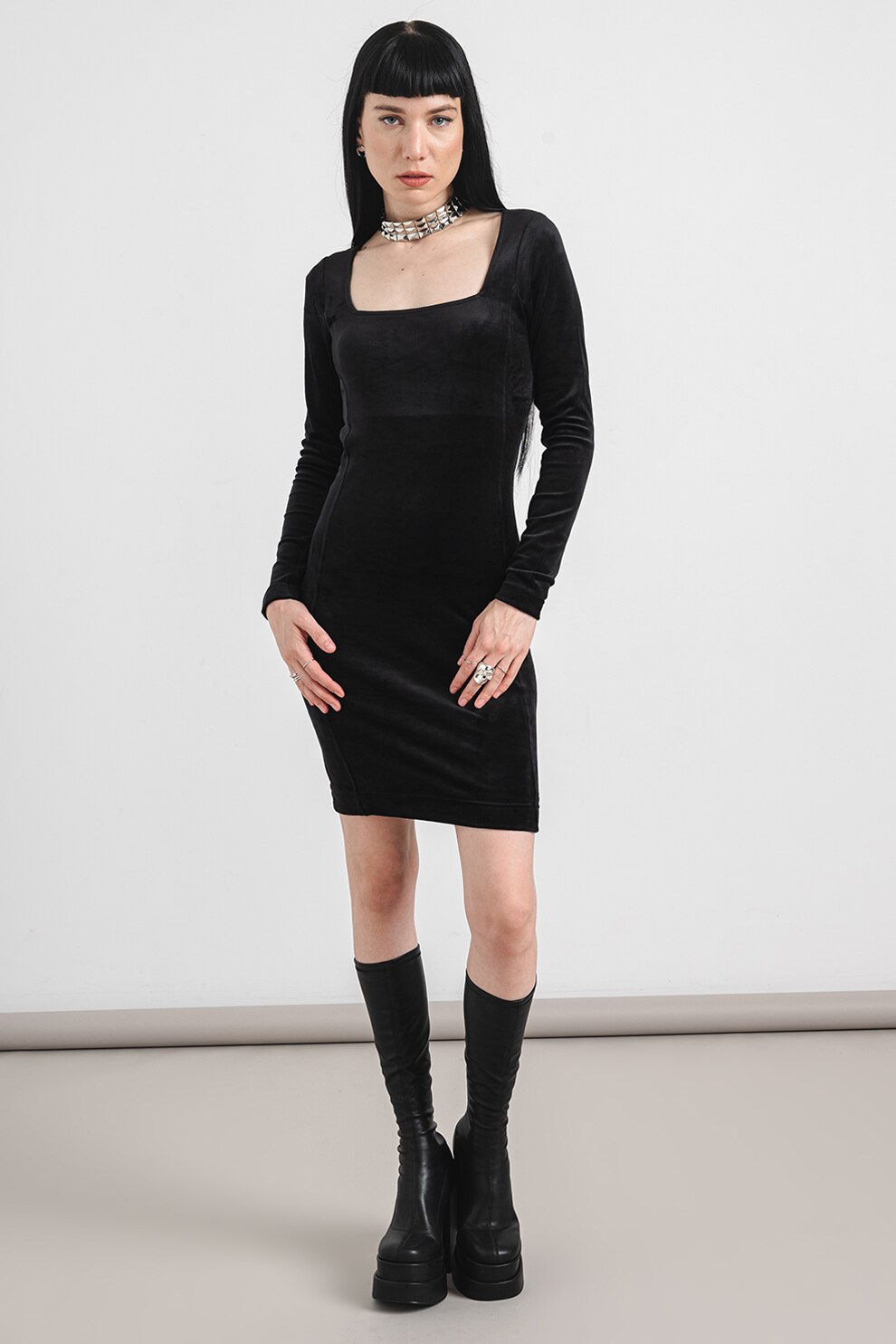 G-STAR, Rochie scurta cu aspect de catifea, Negru, S