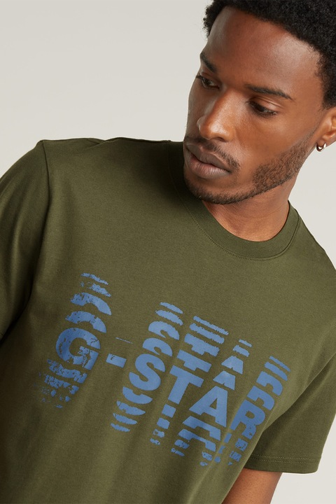 G-Star, Тениска от органичен памук с лого, Зелени аспержи/Син