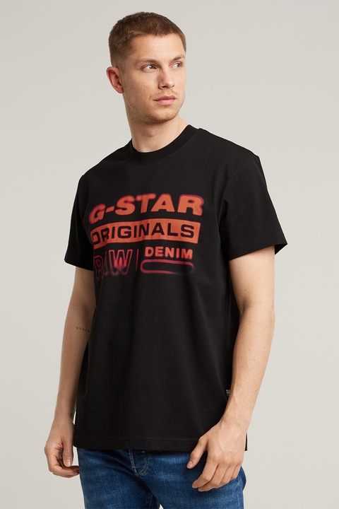 G-Star, Тениска с лого, Черен/Аленочервен, XL