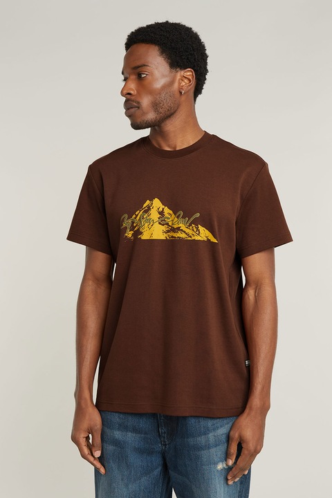 G-Star, Тениска от органичен памук с графика, Кафяв