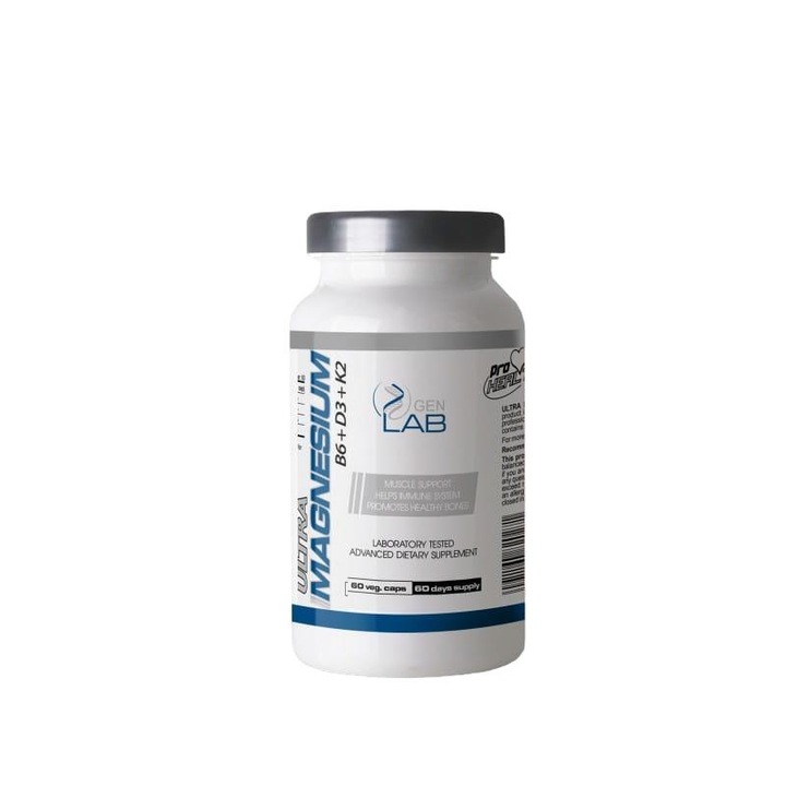Supliment alimentar GENLAB Ultra Magnesium B6+D3+K2, 60 capsule, suport imunitar, sanatate osoasa