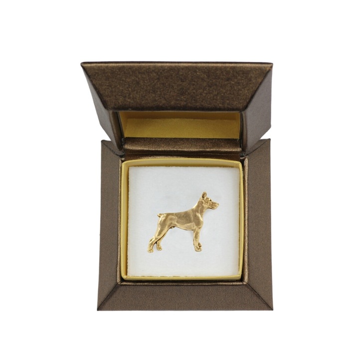 Brosa Dobermann Art-Dog, aliaj, placata cu aur, in cutie decorativa