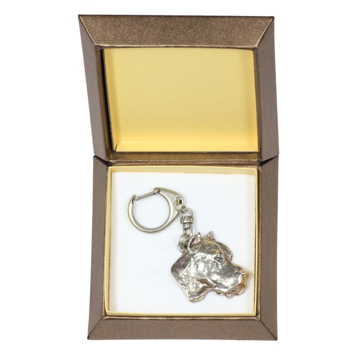 Dogo Argentino - Ezüstözött kulcstartó kutyával díszdobozban, táskadísz, hátizsák medál Art-Dog márkától