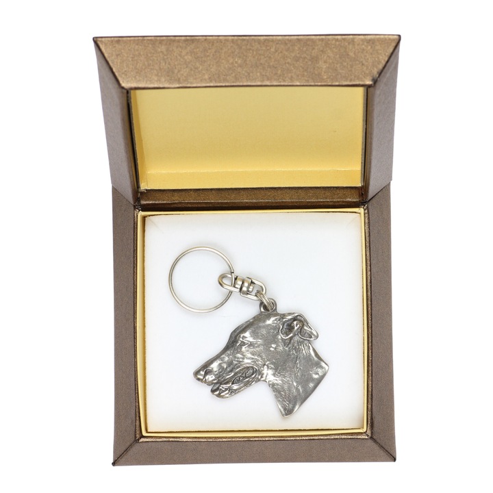 Greyhound - Ezüstözött medál kutyával díszdobozban, táskadísz, hátizsák medál Art-Dog márkától