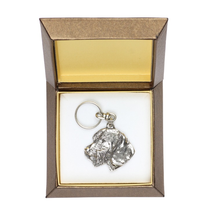 Breloc Art-Dog Teckel cu parul sarmos III, aliaj Zinc placat cu argint, in cutie cadou