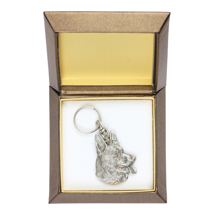 Német juhászkutya kulcstartó, Art-Dog, ezüst medál, díszdoboz, fém
