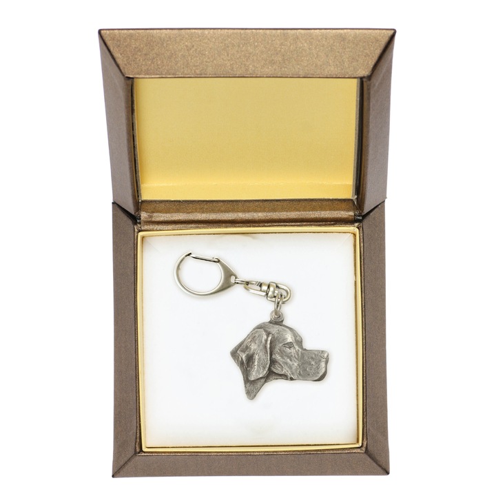 Angol Pointer - Ezüstözött kulcstartó kutyával díszdobozban, táskadísz, hátizsák medál Art-Dog márkától