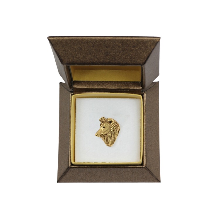 Brosa Art-Dog, Model Sheltie, Aliaj, placata cu aur, in cutie decorativa