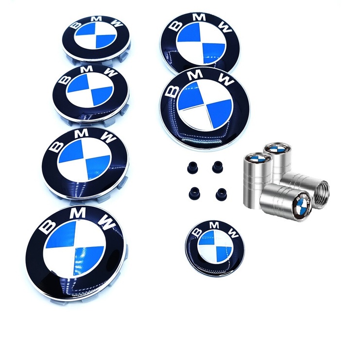 Set embleme compatibile BMW 7 piese + 4 bucse + 4 ventile, alb-albastre, sigle capota/portbagaj 82/74 mm, capace jante 68mm, sigla volan 44 mm, Bmw Seria 1, 3, 5, 6, 7, X1, X3, X5, X6, E60, F10, F12