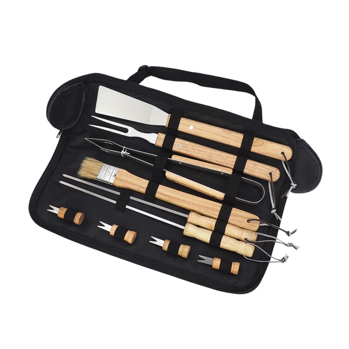 Gourmet Grill Master ONSALES 10 komplett grill edénykészlet, sokoldalúság, prémium tartósság, rozsdamentes acél, korrózióálló, ergonómikus fa fogantyúk, tárolótáska